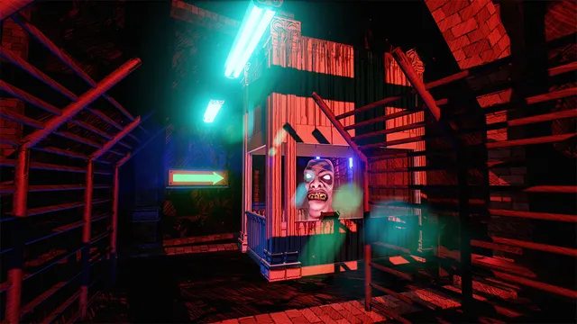 Albino Lullaby: a grinning pale face looks out of a booth in a red-lit wooden corridor