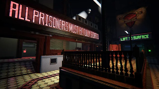 Albino Lullaby: a sign reading All prisoners must be fully seated above a balcony, next to a Lift to Surface sign