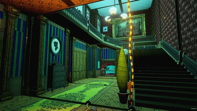 Albino Lullaby: a hand-inked green Victorian hall with a staircase, striped wallpaper and portraits