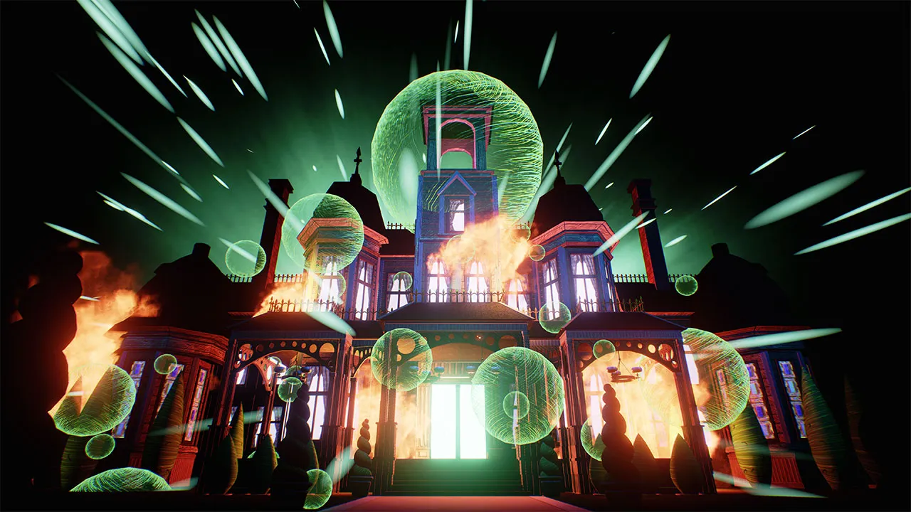 Albino Lullaby: a Victorian mansion in flames under glowing green bubbles bursting from its towers