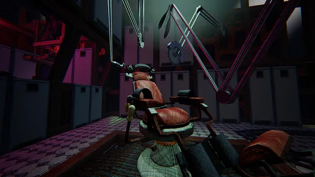 Albino Lullaby: an old barber chair under a mechanical arm in a dim, purple-lit room