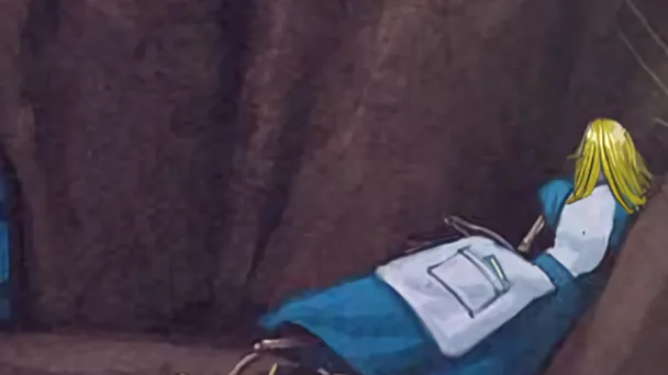 Alice is Dead - Ep 1 art: Alice in her blue dress and white apron lying slumped against a dark earthen wall