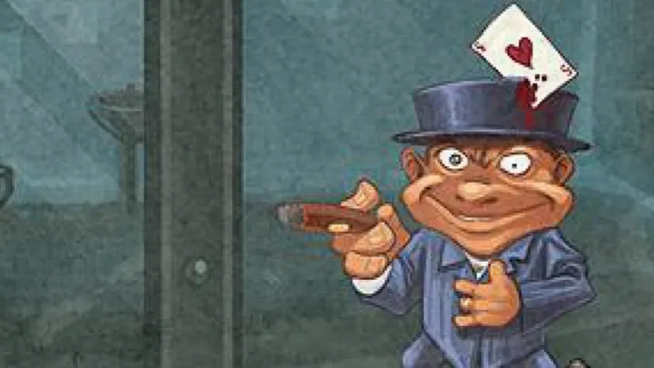 Alice is Dead - Ep 2 art: a grinning man in a top hat with a bloodied heart card in the band, pointing a cigar, in a grimy blue-green room