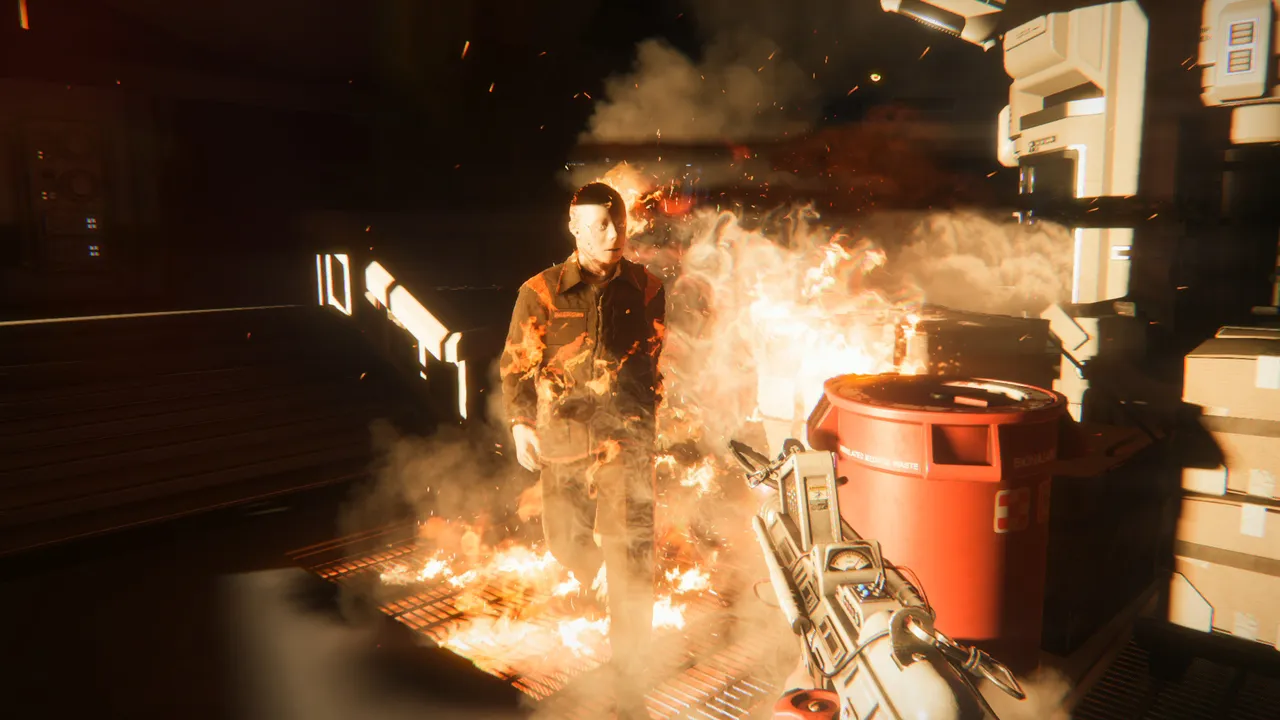 Alien: Isolation screenshot: a Working Joe android walks through flames towards Amanda's flamethrower in a storeroom