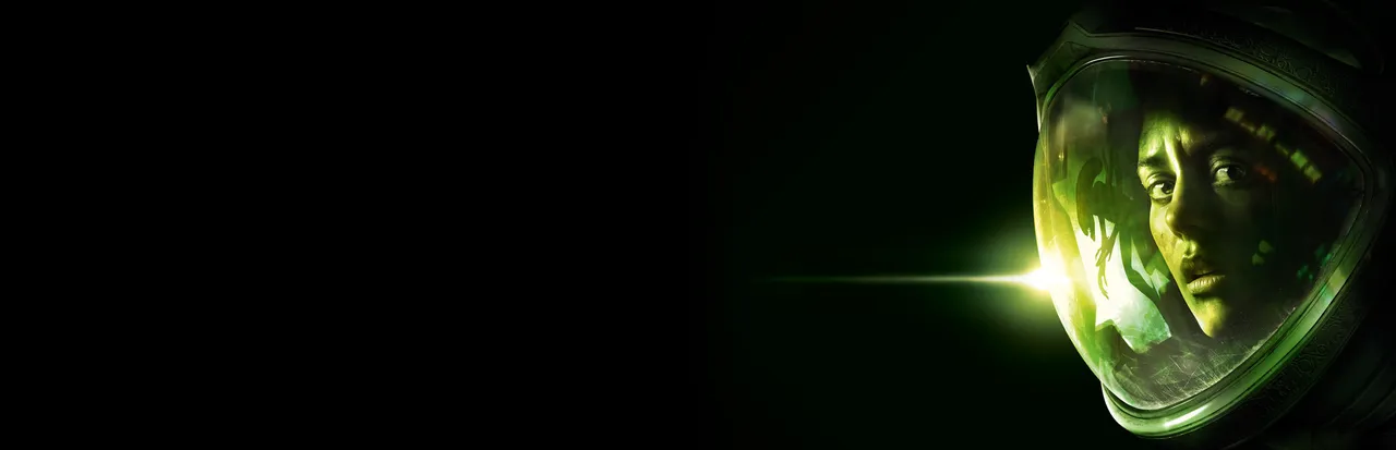 Alien: Isolation key art: Amanda Ripley's face inside a space helmet lit green against black