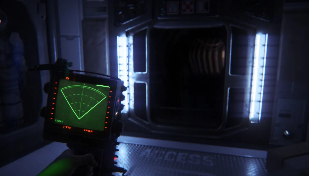 Alien: Isolation screenshot: Amanda holds a green motion tracker before a lit station doorway