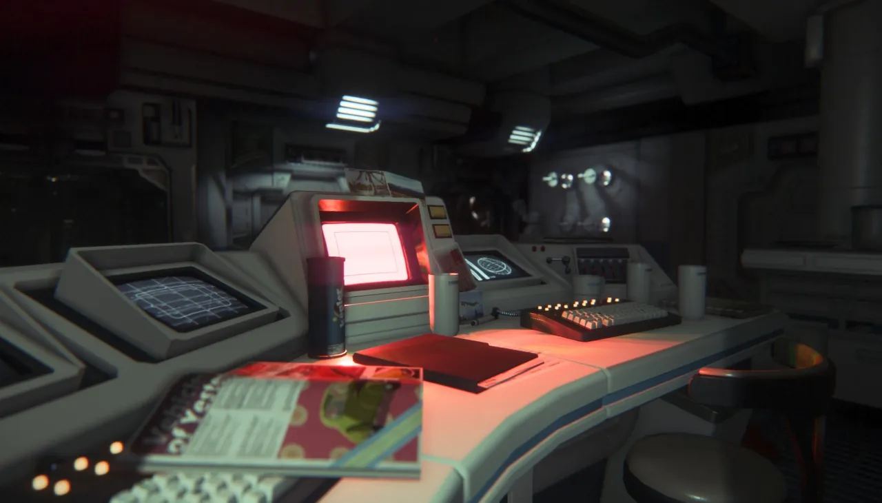 Alien: Isolation screenshot: a desk of chunky retro computer terminals with a glowing red screen on Sevastopol station