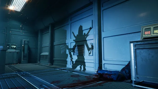 Alien: Rogue Incursion screenshot: the shadow of a Xenomorph falls on a blue metal wall above a bloodied body on the floor