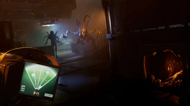 Alien: Rogue Incursion screenshot: a motion tracker in the player's hand shows blips as two Xenomorphs charge across a dim hangar and another bursts from a hatch