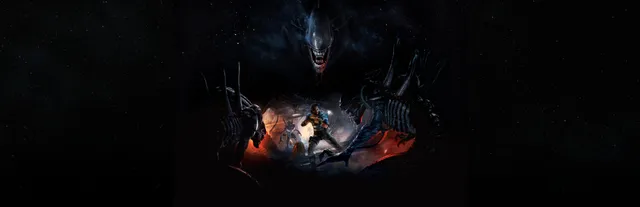 Alien: Rogue Incursion key art: Zula Hendricks with a rifle surrounded by Xenomorphs, a huge alien head looming above them against a starfield