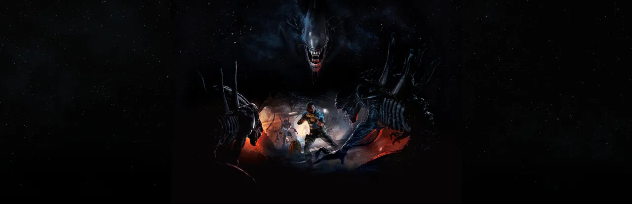 Alien: Rogue Incursion key art: Zula Hendricks with a rifle surrounded by Xenomorphs, a huge alien head looming above them against a starfield