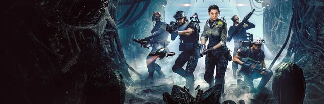 Aliens: Dark Descent key art: five Colonial Marines and a drone advance through a misty Xenomorph hive past open alien eggs