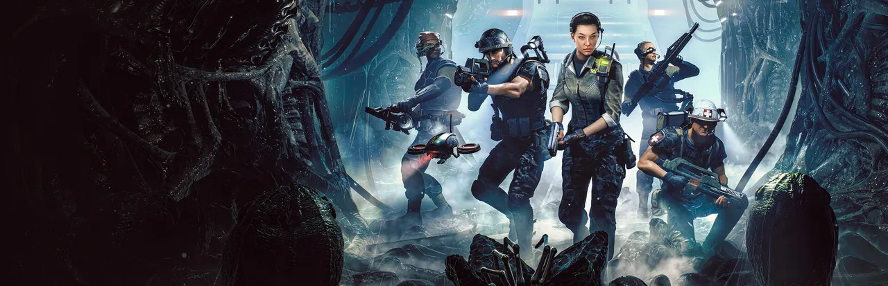 Aliens: Dark Descent key art: five Colonial Marines and a drone advance through a misty Xenomorph hive past open alien eggs