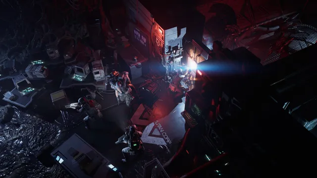 Aliens: Dark Descent screenshot: a marine welds a door shut in red light while the squad, one carrying a wounded soldier, waits and Xenomorphs gather beyond
