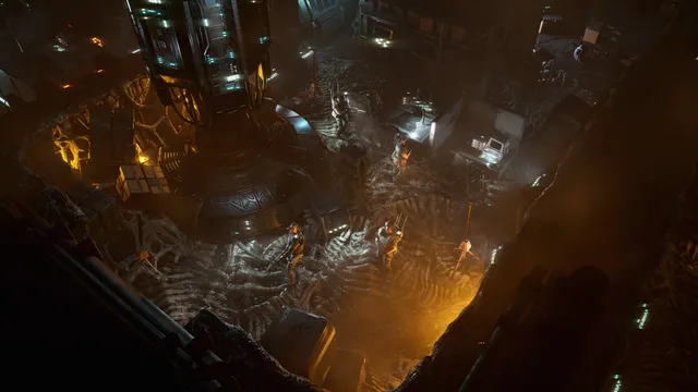 Aliens: Dark Descent screenshot: seen from above, a squad with flashlights crosses a floor covered in ridged hive resin around a large machine