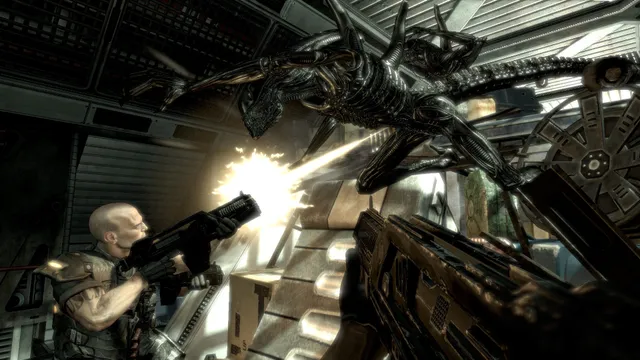 Aliens vs. Predator screenshot: Marines shoot at a Xenomorph clinging to the ceiling of a hangar