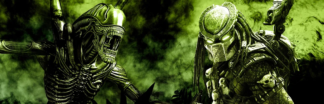 Aliens vs. Predator key art: a Xenomorph and a Predator face each other in green light