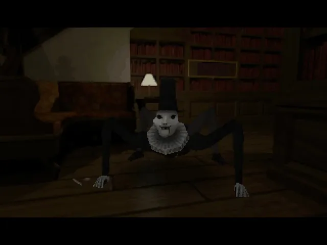 A spider-limbed creature with a white face, top hat and ruff crawls across the floor of a dim library