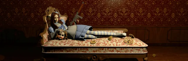 Alisa key art: Alisa in a blue dress reclines on a floral sofa with a doll's head and a tommy gun, against dark red wallpaper