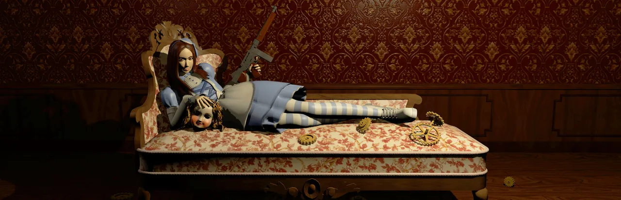 Alisa key art: Alisa in a blue dress reclines on a floral sofa with a doll's head and a tommy gun, against dark red wallpaper