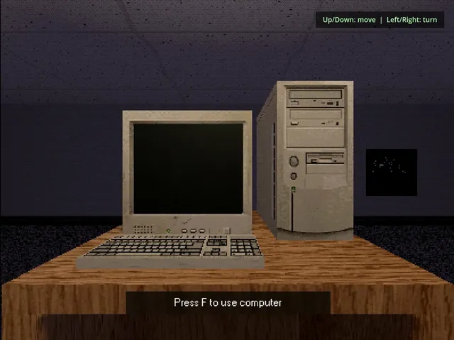 A dim 3D room with an old beige computer and tower on a wooden desk, and the prompt Press F to use computer