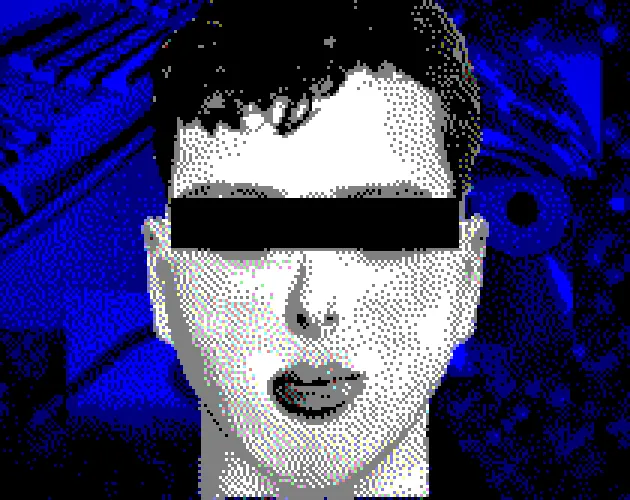 Almost plastic, Not Even Real cover: a dithered black-and-white face with a black bar over its eyes, on a deep blue background