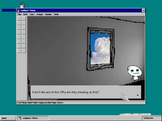 An old paint program on a teal desktop showing a grey room with a cloud picture and a small smiling figure, captioned I don't like any of this. Why are they showing us this?