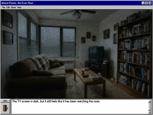 A grainy photo of a living room with a sofa, bookshelves and a dark TV inside an old Windows-style window, captioned The TV screen is dark, but it still feels like it has been watching the room