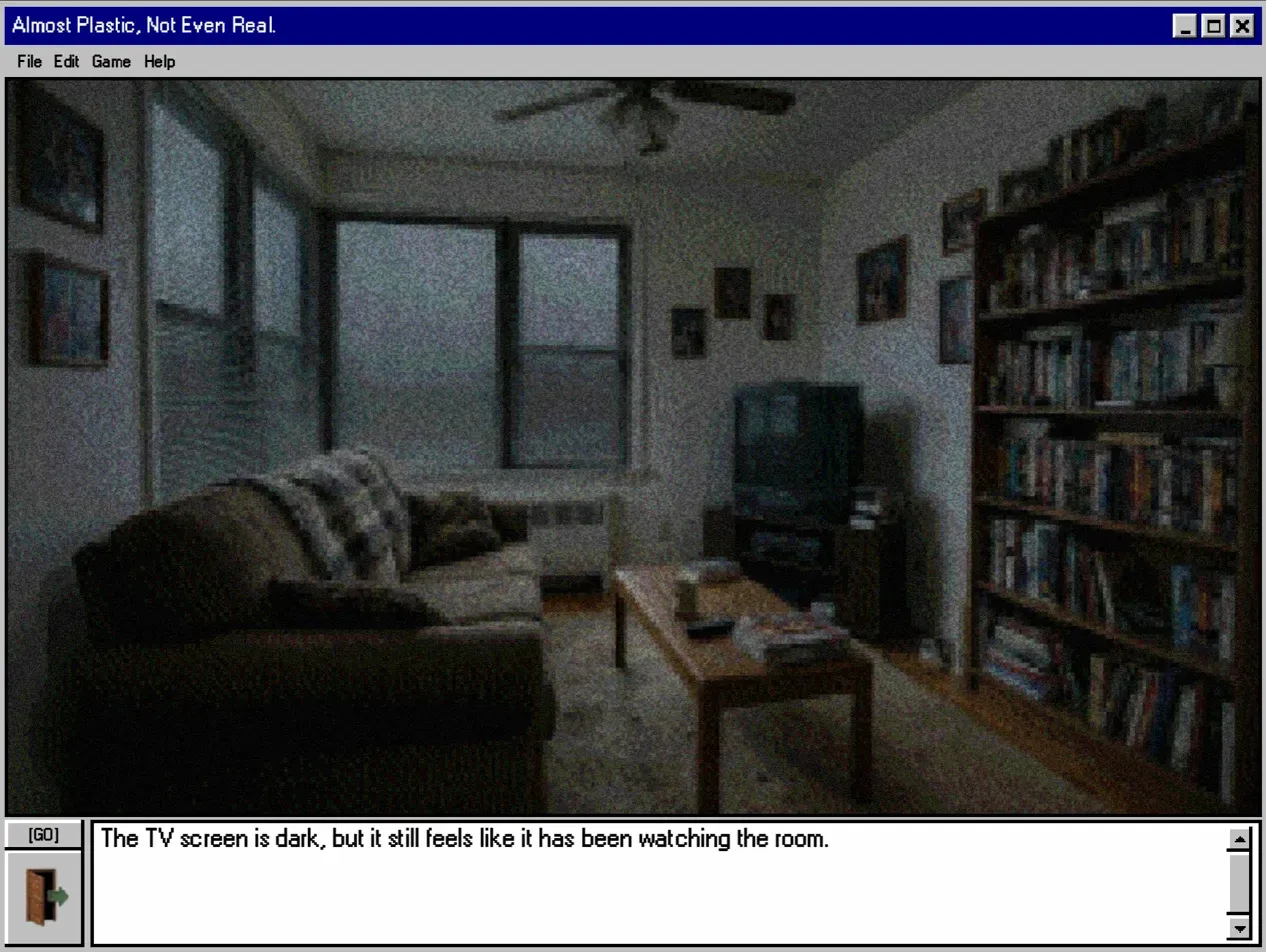 A grainy photo of a living room with a sofa, bookshelves and a dark TV inside an old Windows-style window, captioned The TV screen is dark, but it still feels like it has been watching the room