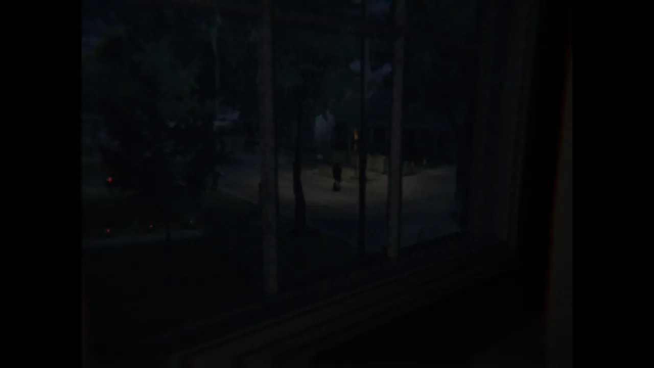 Alone. Again. screenshot: looking out of a dark window at a tree-lined street where a man stands still in the road