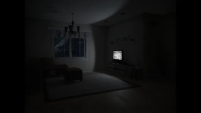 Alone. Again. screenshot: a dark living room with sofas, a chandelier and a television showing static