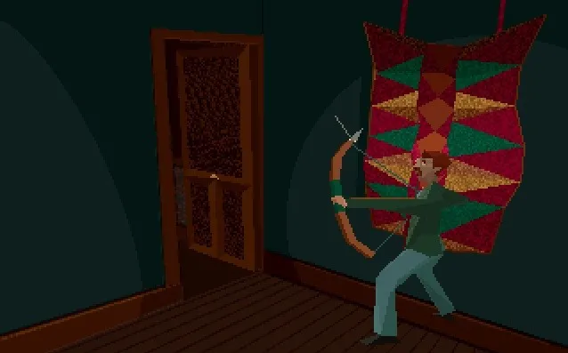 Carnby draws a bow in a dark green room beside a wooden door and a red and green woven tapestry