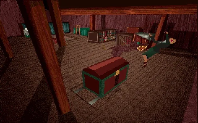 Edward Carnby is thrown back across Derceto's attic past a red trunk as a creature attacks