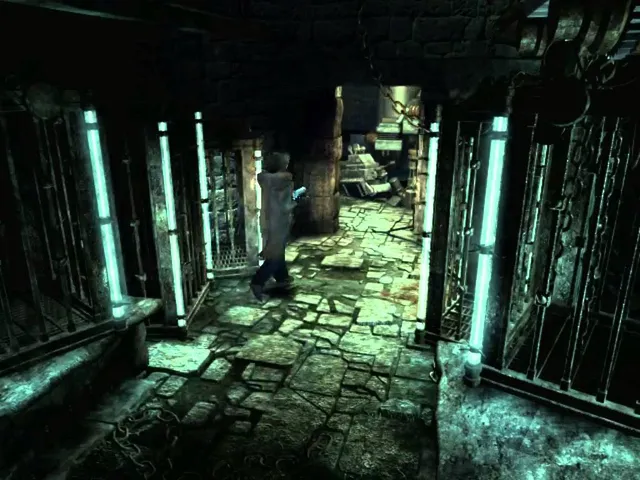 Alone in the Dark: The New Nightmare screenshot: a figure walks a stone passage between barred cells lit by pale tubes
