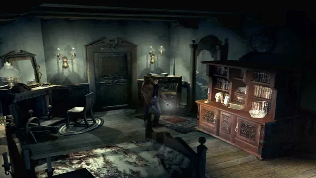 Alone in the Dark: The New Nightmare screenshot: Carnby shines a flashlight in an old mansion bedroom with a skull on the dresser