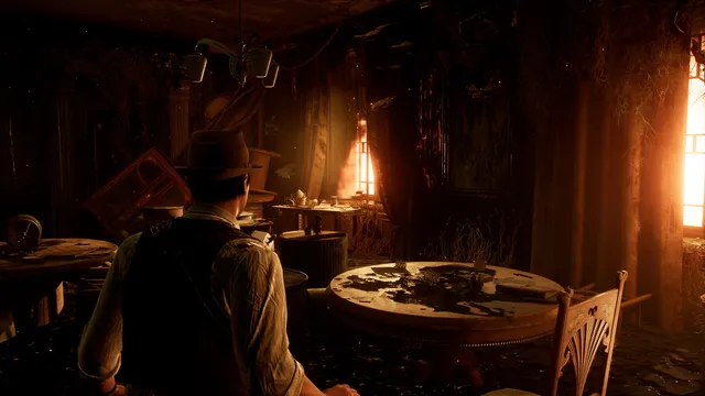Alone in the Dark screenshot: Carnby stands in a burning, flooded room of the manor