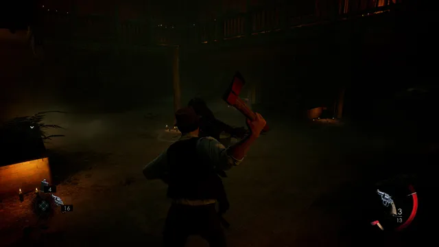 Alone in the Dark screenshot: Carnby swings an axe at a creature in a dark courtyard