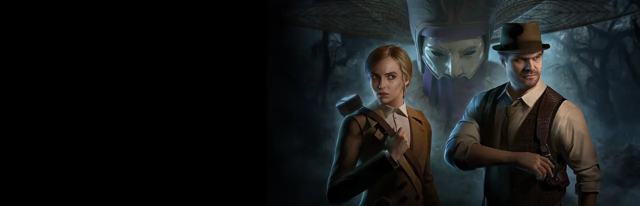 Alone in the Dark key art: Emily Hartwood and Edward Carnby with weapons in front of a masked, hatted figure