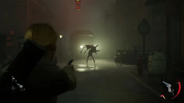 Alone in the Dark screenshot: a spindly creature stalks toward Emily in a misty street lit by headlights