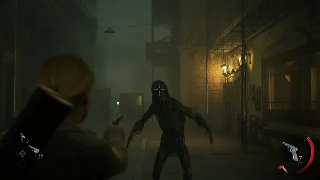 Alone in the Dark screenshot: Emily aims a pistol at a tall, root-like creature in a foggy night street
