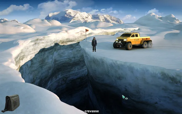 A crew member and a yellow off-road truck at the edge of a deep crevasse in the ice