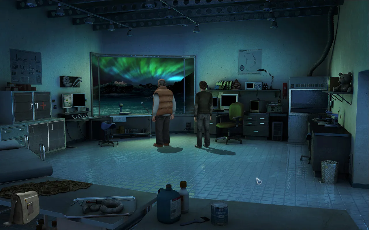 A research lab at Alpha Polaris, two crew members at a window full of green northern lights