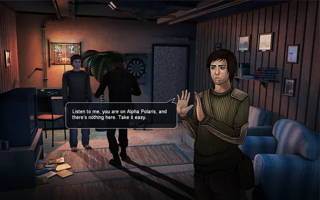 A crew member raising a hand in the station lounge: Listen to me, you are on Alpha Polaris