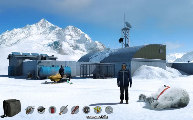 The Alpha Polaris station on the Greenland snow, a man in a parka beside a polar bear lying in the snow