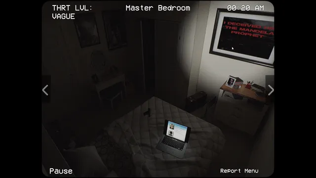 Alternate Watch screenshot: a dark master bedroom camera with red text on the TV screen and a glowing laptop on the bed