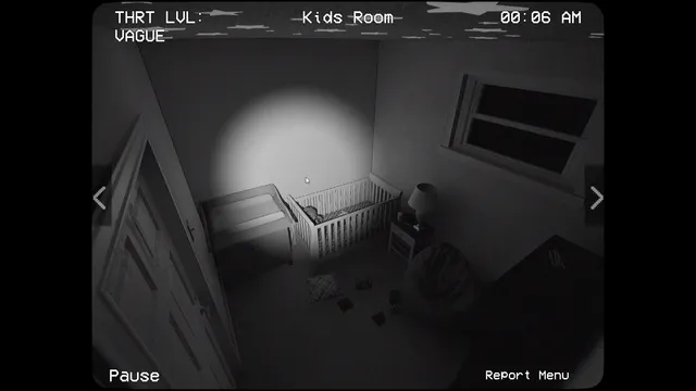 Alternate Watch screenshot: a dark kid's room camera with a crib lit by a flashlight beam