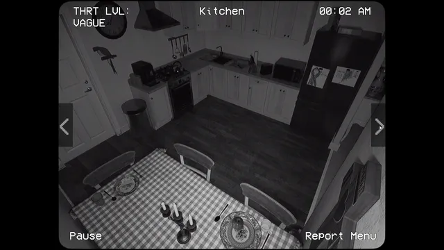 Alternate Watch screenshot: a black-and-white security camera view of a kitchen at 00:02 AM, threat level vague