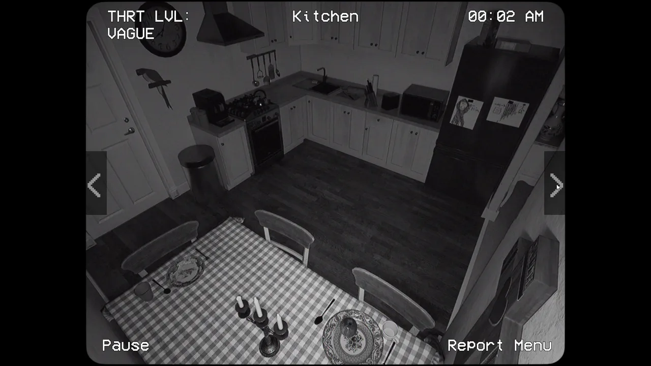 Alternate Watch screenshot: a black-and-white security camera view of a kitchen at 00:02 AM, threat level vague
