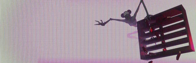 Amanda the Adventurer 2 key art: a thin, long-limbed figure with mouse-like ears hanging from a tilted bookshelf over VHS static