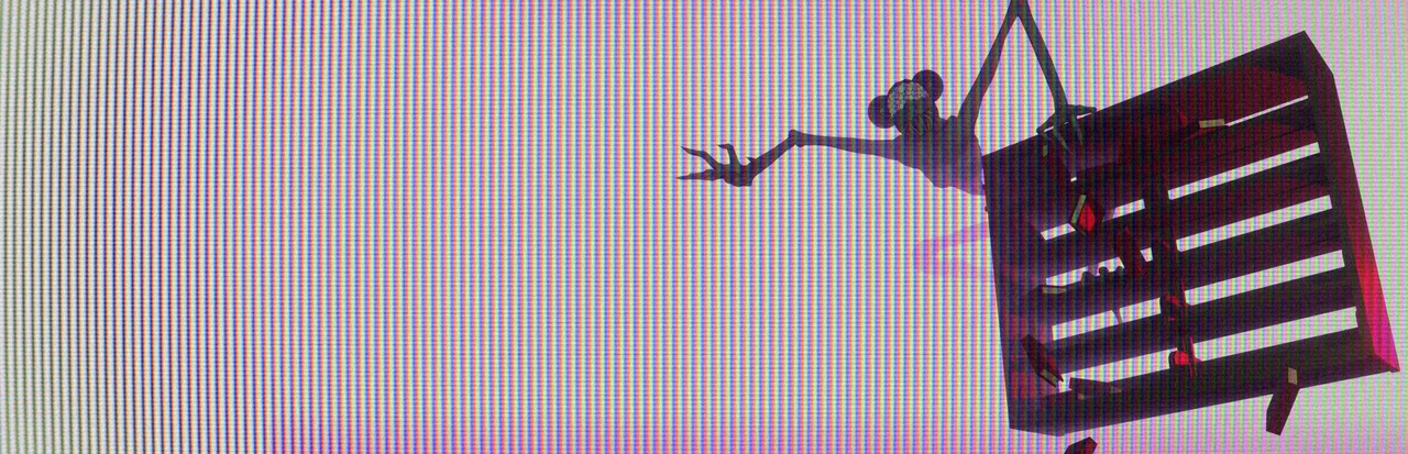 Amanda the Adventurer 2 key art: a thin, long-limbed figure with mouse-like ears hanging from a tilted bookshelf over VHS static